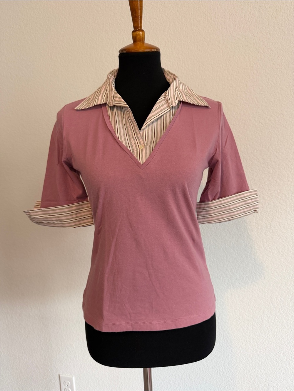 New York & Company Mauve Layered V-Neck Top with Striped Collar